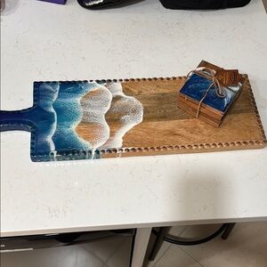 Ocean Wave Wood Cheese Board with Four Coasters